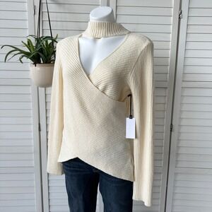 New ASTR The Label Cream Ribbed Mock Neck Cutout Crisscross Wrap Sweater Size XL